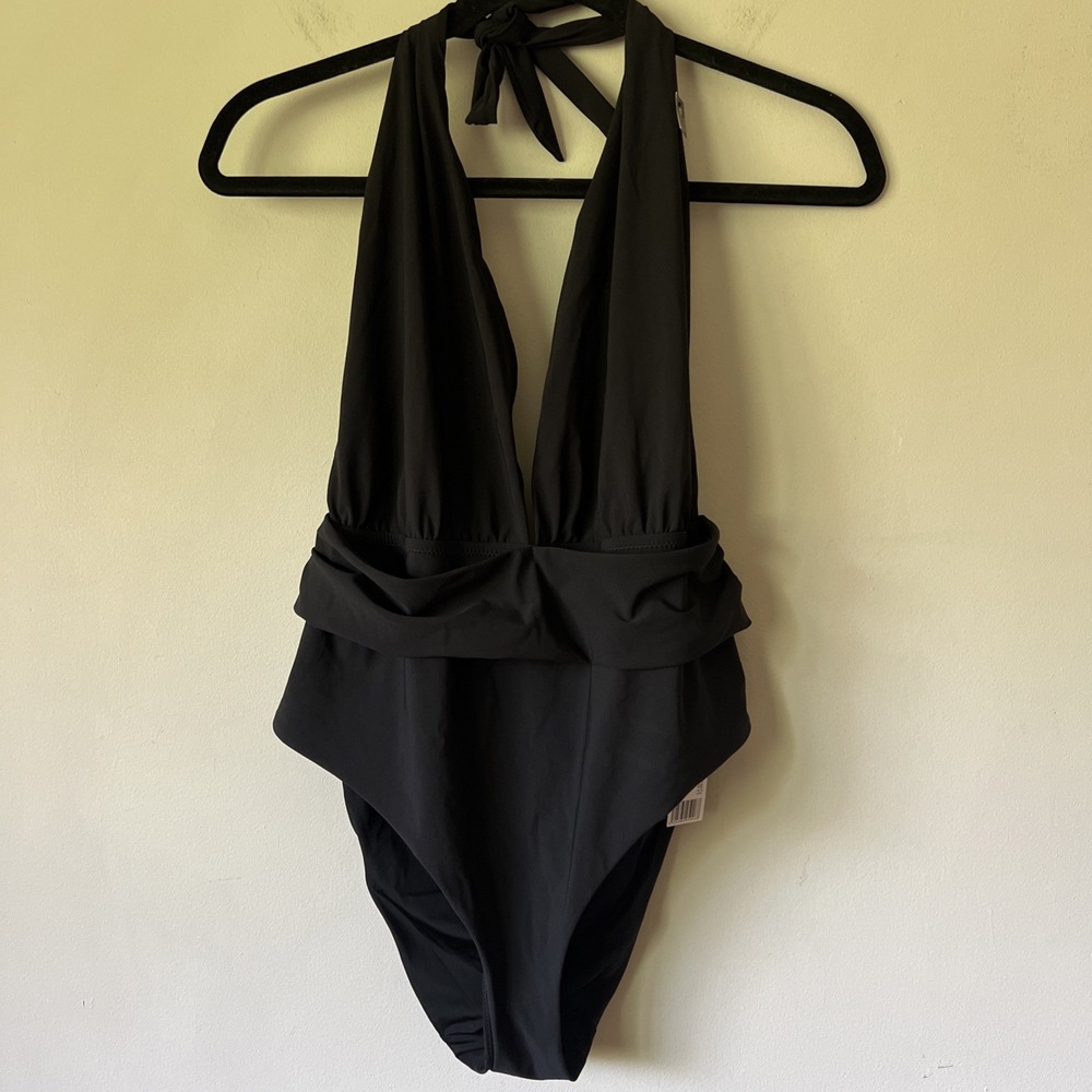 Etam Black One Piece Swimsuit Women's Size 42 US L  Bathing Suit Halter Plunge